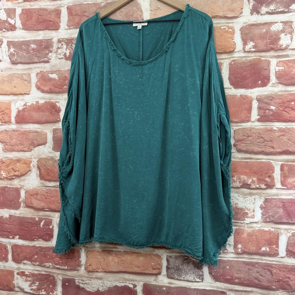 Umgee Kimono Top Women's L Teal Blue Boho Distressed Bleach Splatter Faded Shirt - Picture 3 of 8